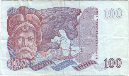Банкнота 100 крон. 1974 год, Швеция. Густав II Адольф. Шведский галеон "Васа".