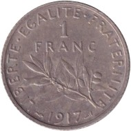 Монета 1 франк. 1917 год, Франция.