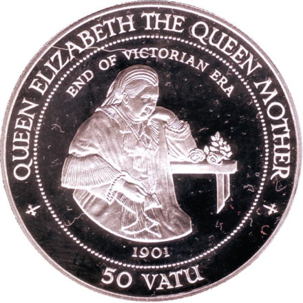 Монета 50 вату. 1994 год, Вануату. Королева Елизавета Королева мать - конец викторианской эпохи.