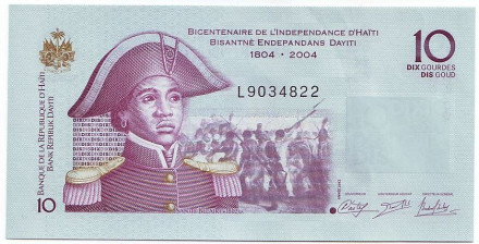 Банкнота 10 гурдов. 2012 год, Гаити. 200-летие независимости Гаити.