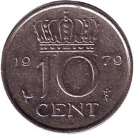 Монета 10 центов. 1979 год, Нидерланды. Монета 10 центов. 1979 год, Нидерланды.