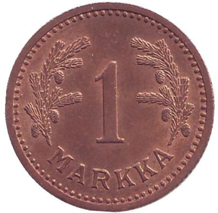 Монета 1 марка. 1943 год (медь), Финляндия. XF-aUNC.