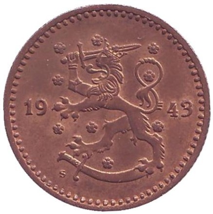 Монета 1 марка. 1943 год (медь), Финляндия. XF-aUNC. Монета 1 марка. 1943 год (медь), Финляндия. XF-aUNC.