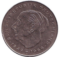 Монета 2 марки. 1979 год (J), ФРГ. Теодор Хойс. Монета 2 марки. 1979 год (J), ФРГ. Теодор Хойс.