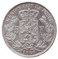 Монета 5 франков. 1868 год, Бельгия. Леопольд II. (Маленькая голова). Монета 5 франков. 1868 год, Бельгия. Леопольд II. (Маленькая голова).