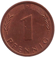 Монета 1 пфенниг. 1972 год (D), ФРГ. Дубовые листья. Монета 1 пфенниг. 1972 год (D), ФРГ. Дубовые листья.