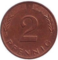 Монета 2 пфеннига. 1979 год (F), ФРГ. Дубовые листья. Монета 2 пфеннига. 1979 год (F), ФРГ. Дубовые листья.