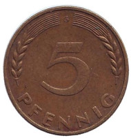 Монета 5 пфеннигов. 1966 год (G), ФРГ. Дубовые листья. Монета 5 пфеннигов. 1966 год (G), ФРГ. Дубовые листья.