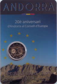 Монета 2 евро (в блистере). 2014 год, Андорра. 20 лет вступлению в совет Европы. Монета 2 евро (в блистере). 2014 год, Андорра. 20 лет вступлению в совет Европы.