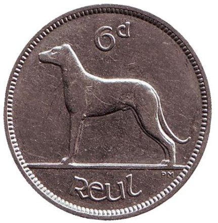 Монета 6 пенсов. 1928 год, Ирландия. Ирландский волкодав.