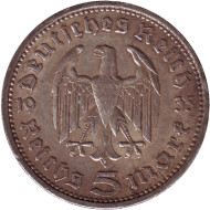 Монета 5 рейхсмарок. 1935 год, Германия (Третий Рейх). (A). Гинденбург. Монета 5 рейхсмарок. 1935 год, Германия (Третий Рейх). (A). Гинденбург.