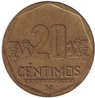 Монета 20 сентимов. 2008 год, Перу. Монета 20 сентимов. 2008 год, Перу.