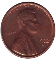 Монета 1 цент. 1972 год (D), США. Линкольн. Монета 1 цент. 1972 год (D), США. Линкольн.