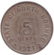Монета 5 центов. 1921 год, Северное Борнео. (Британский протекторат). Монета 5 центов. 1921 год, Северное Борнео. (Британский протекторат).