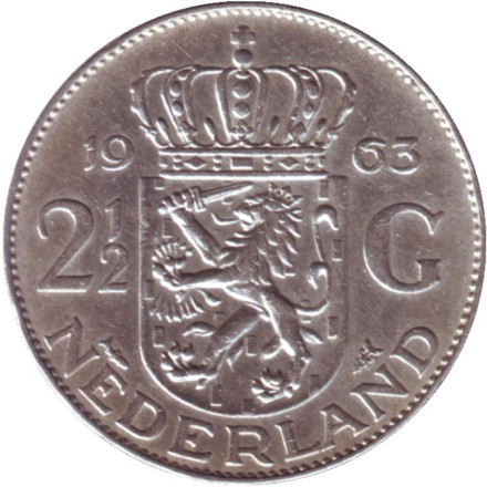Монета 2,5 гульдена. 1963 год, Нидерланды.
