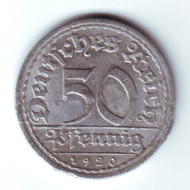 Монета 50 пфеннигов. 1920 год (F), Веймарская республика. Монета 50 пфеннигов. 1920 год (F), Веймарская республика.