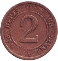 Монета 2 рентенпфеннига. 1924 год (D), Веймарская республика. Монета 2 рентенпфеннига. 1924 год (D), Веймарская республика.