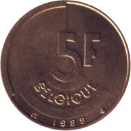 Монета 5 франков. 1989 год, Бельгия. (Belgique). Монета 5 франков. 1989 год, Бельгия. (Belgique).