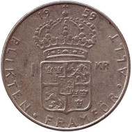 Монета 1 крона. 1959 год, Швеция. Монета 1 крона. 1959 год, Швеция.