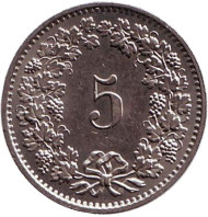 Монета 5 раппенов. 1980 год, Швейцария. Монета 5 раппенов. 1980 год, Швейцария.