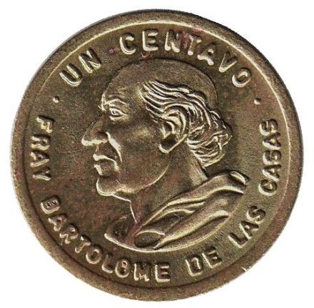 Монета 1 сентаво. 1994 год, Гватемала. Из обращения. Бартоломе де лас Касас.