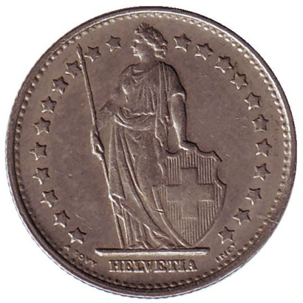 Монета 1 франк. 1968 год, Швейцария. Гельвеция.