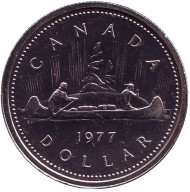 Монета 1 доллар. 1977 год, Канада. UNC. Индейцы в каноэ.