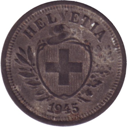 Монета 1 раппен. 1945 год, Швейцария.