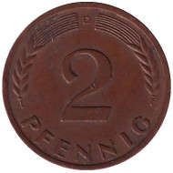 Монета 2 пфеннига. 1959 год (D), ФРГ. Дубовые листья. Монета 2 пфеннига. 1959 год (D), ФРГ. Дубовые листья.
