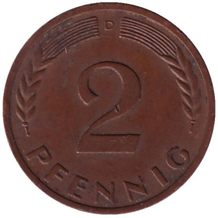 Монета 2 пфеннига. 1959 год (D), ФРГ. Дубовые листья.