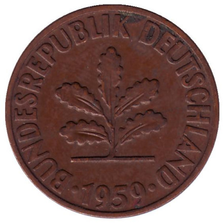 Монета 2 пфеннига. 1959 год (D), ФРГ. Дубовые листья.