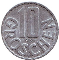 Монета 10 грошей. 1951 год, Австрия. Монета 10 грошей. 1951 год, Австрия.