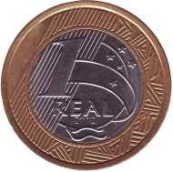 Монета 1 реал. 2012 год, Бразилия. Монета 1 реал. 2012 год, Бразилия.