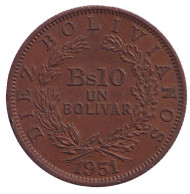Монета 10 боливиано (1 боливар). 1951 год, Боливия. Монета 10 боливиано (1 боливар). 1951 год, Боливия.