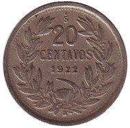Монета 20 сентаво. 1922 год, Чили. Монета 20 сентаво. 1922 год, Чили.