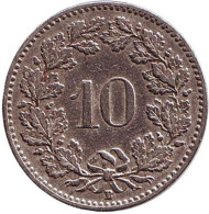 Монета 10 раппенов. 1907 год, Швейцария. Монета 10 раппенов. 1907 год, Швейцария.