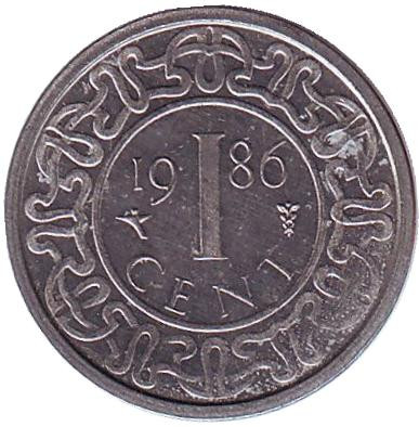 Монета 1 цент. 1986 год, Суринам.