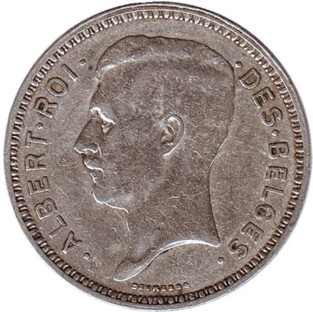 Монета 20 франков. 1934 год, Бельгия. (Des Belges) Король Альберт I.