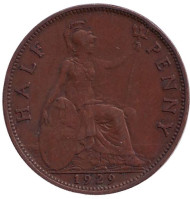 Монета 1/2 пенни. 1929 год, Великобритания. Монета 1/2 пенни. 1929 год, Великобритания.