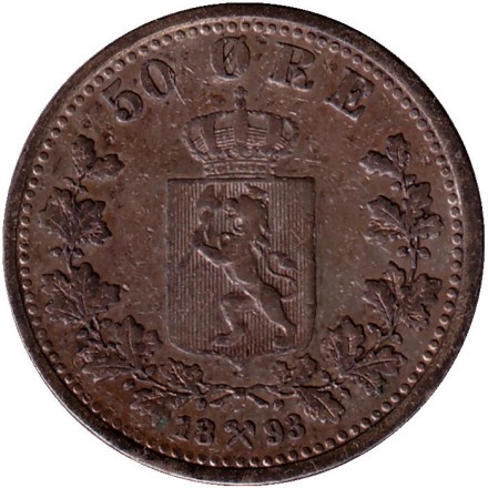 Монета 50 эре. 1893 год, Норвегия. Монета 50 эре. 1893 год, Норвегия.