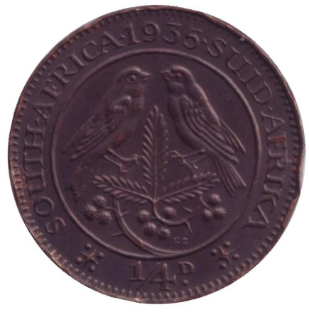 Монета 1/4 пенни (фартинг). 1935 год, ЮАР. Состояние - F. Птицы.