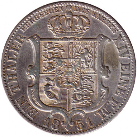 Монета 1 талер. 1851 год,Германия. Ганновер.