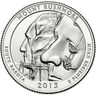Монета 25 центов (D). 2013 год, США. Национальный мемориал Маунт-Рашмор. Парк № 20. Монета 25 центов (D). 2013 год, США. Национальный мемориал Маунт-Рашмор. Парк № 20.