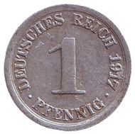 Монета 1 пфенниг. 1917 год (G), Германская империя. Монета 1 пфенниг. 1917 год (G), Германская империя.
