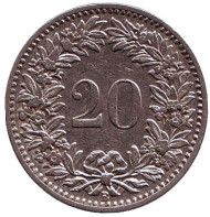 Монета 20 раппенов. 1919 год, Швейцария. Монета 20 раппенов. 1919 год, Швейцария.