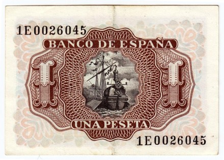 Банкнота 1 песета. 1953 год, Испания. Маркиз Санта-Крус.