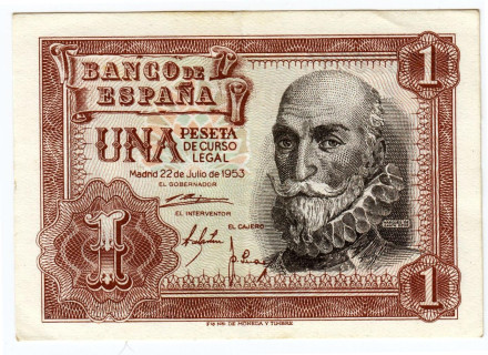 Банкнота 1 песета. 1953 год, Испания. Маркиз Санта-Крус.