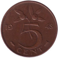 Монета 5 центов. 1948 год, Нидерланды. Монета 5 центов. 1948 год, Нидерланды.