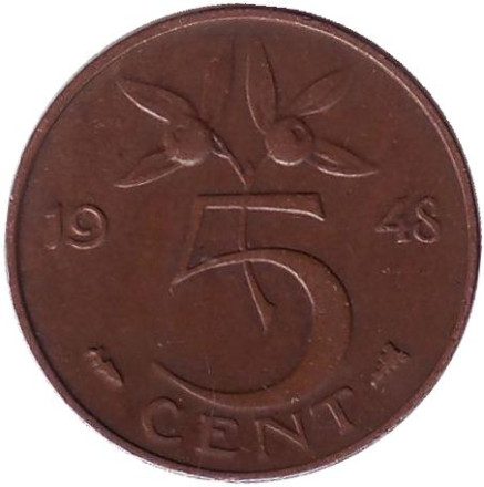Монета 5 центов. 1948 год, Нидерланды.