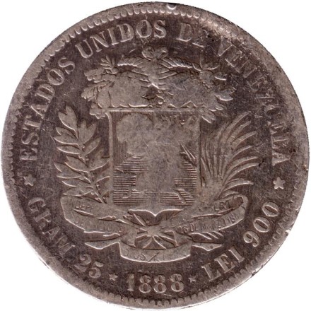Монета 5 боливаров. 1888 год, Венесуэла. Монета 5 боливаров. 1888 год, Венесуэла.
